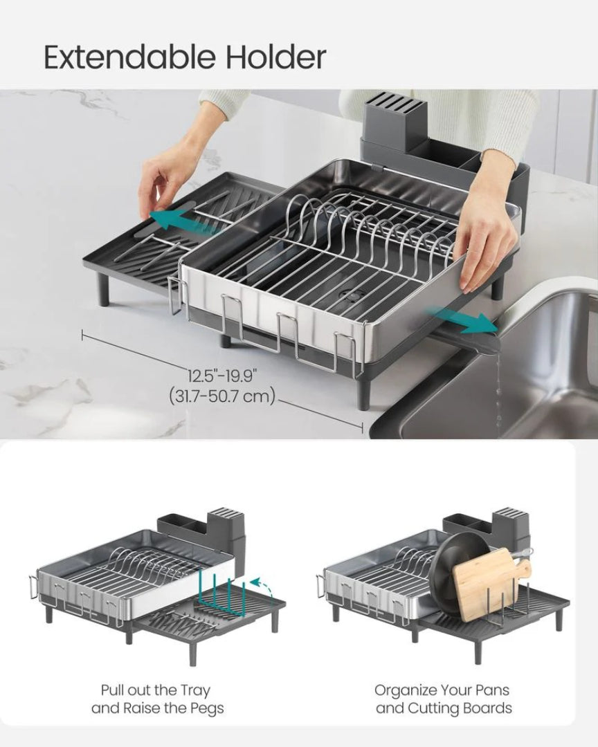 Expandable Stainless Steel Dish Drying Rack with Utensil and Cup Holder