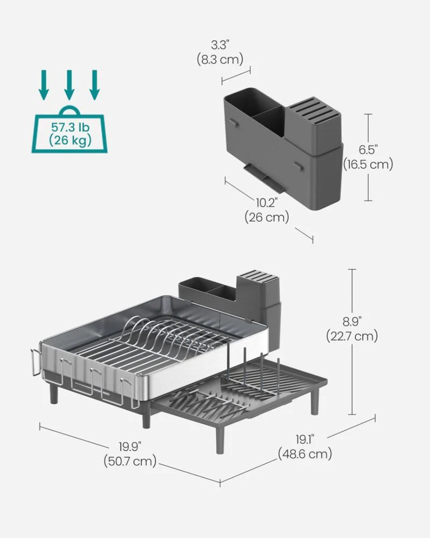 Expandable Stainless Steel Dish Drying Rack with Utensil and Cup Holder