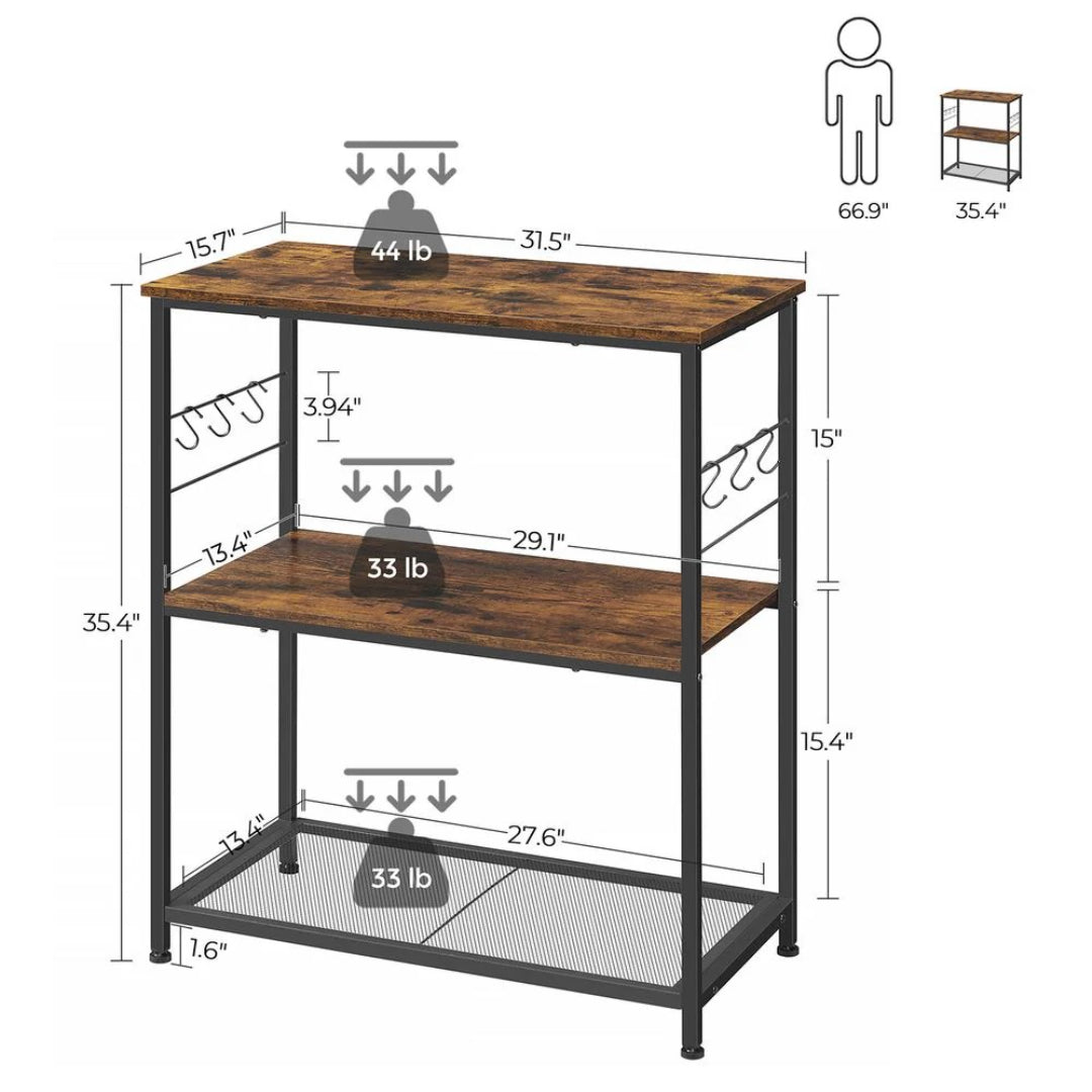 Baker’s Rack with 3 Shelves and Hooks, Kitchen Storage Rack