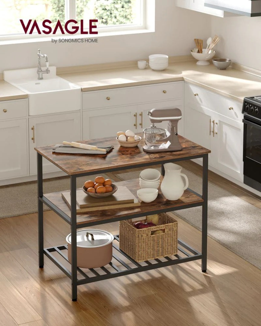 Kitchen Island Table with Worktop and 3-Tier Storage Shelf