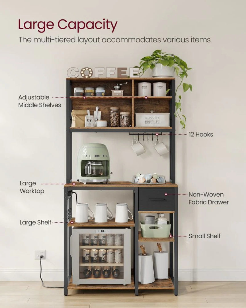 Baker’s Rack with Charging Station and Storage Shelves, Kitchen Rack