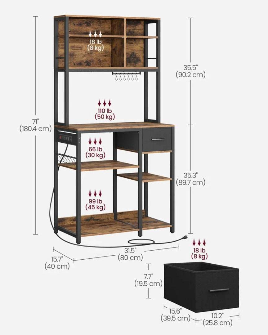 Baker’s Rack with Charging Station and Storage Shelves, Kitchen Rack