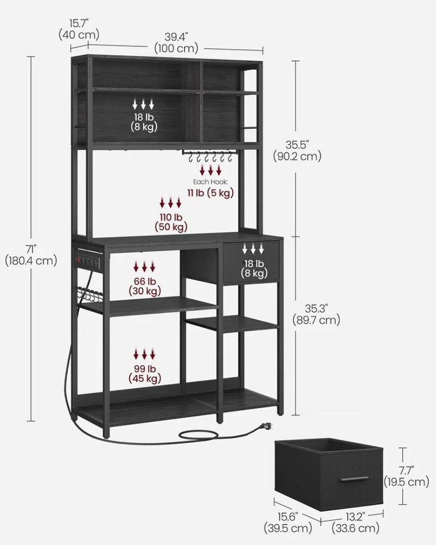 Baker’s Rack with Charging Station and Storage Shelves, Kitchen Rack