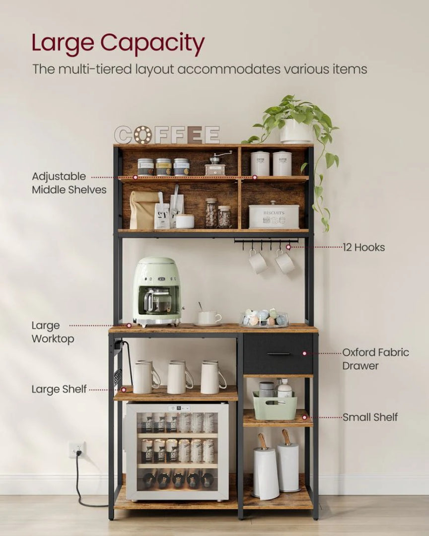 Baker’s Rack with Charging Station and Storage Shelves, Kitchen Rack