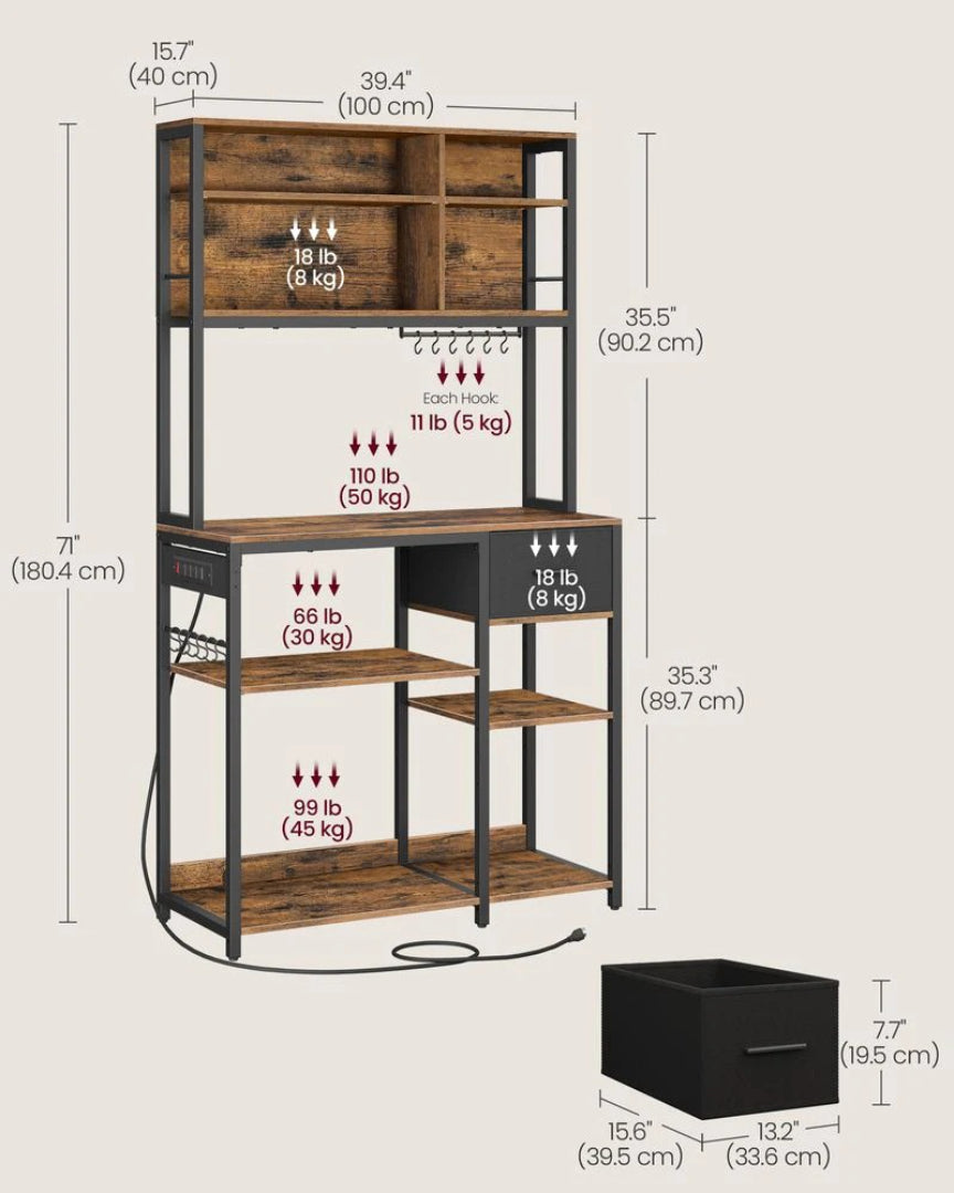 Baker’s Rack with Charging Station and Storage Shelves, Kitchen Rack