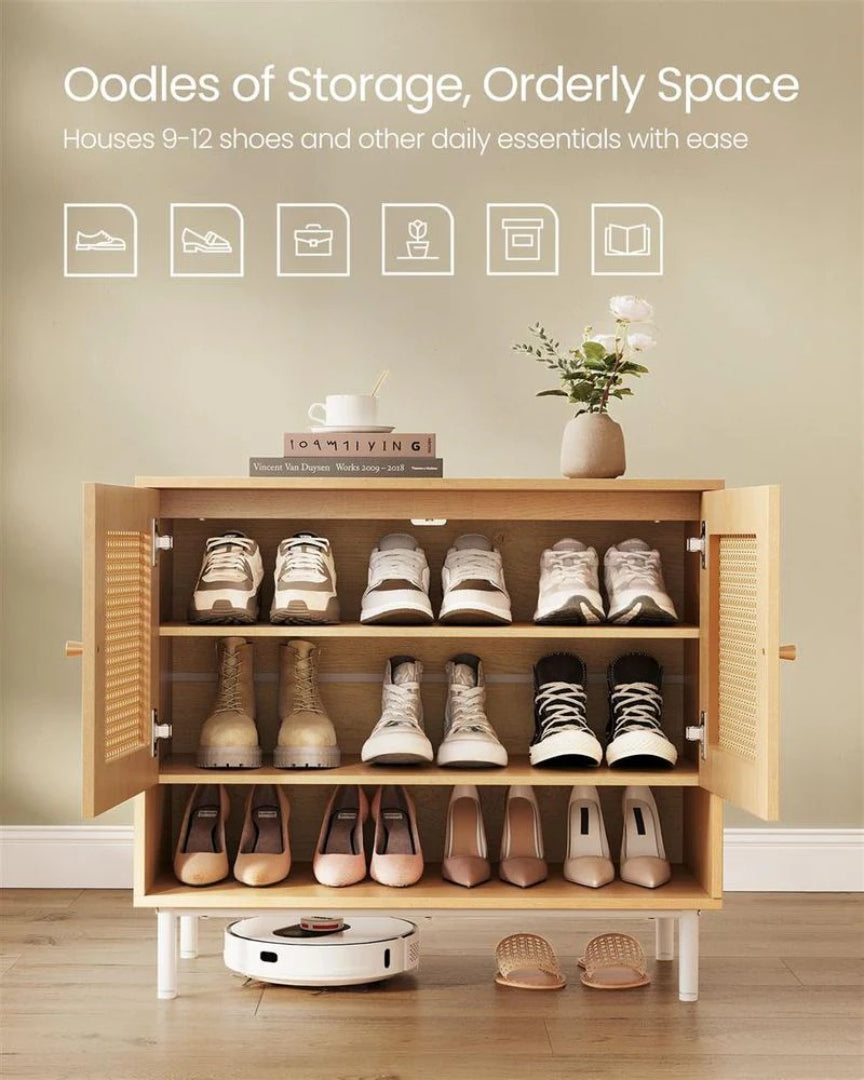 Rattan 3-Tier Shoe Cabinet with Adjustable Shelf, Entryway Storage