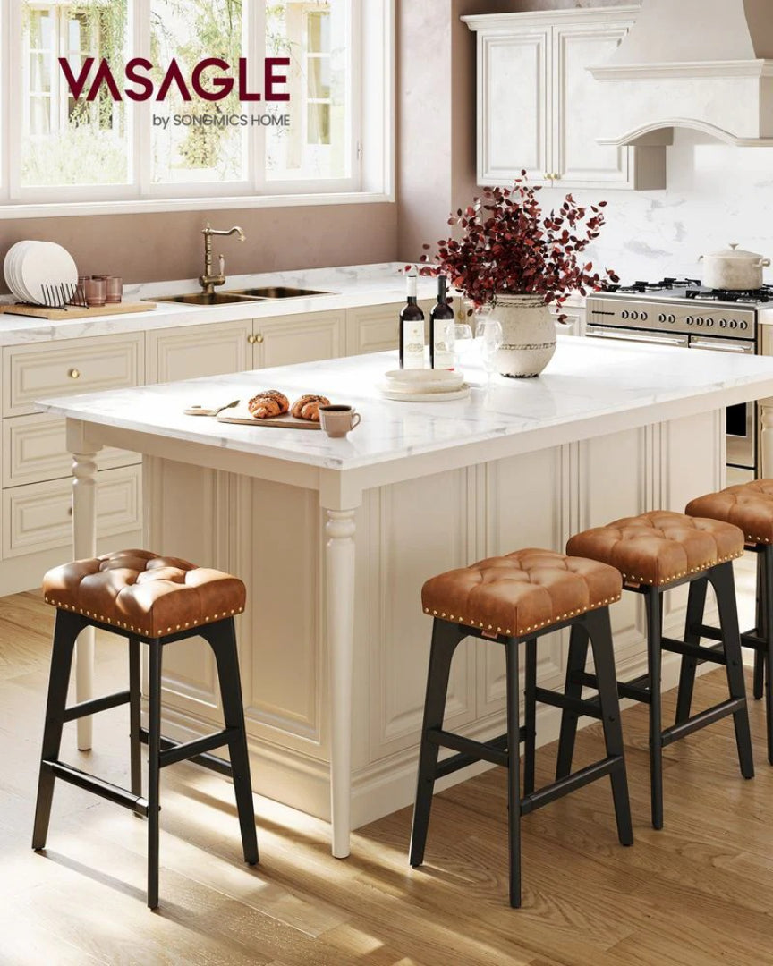 Counter Height Bar Stools Set of 2 with Tufted Upholstered Seats and Footrests