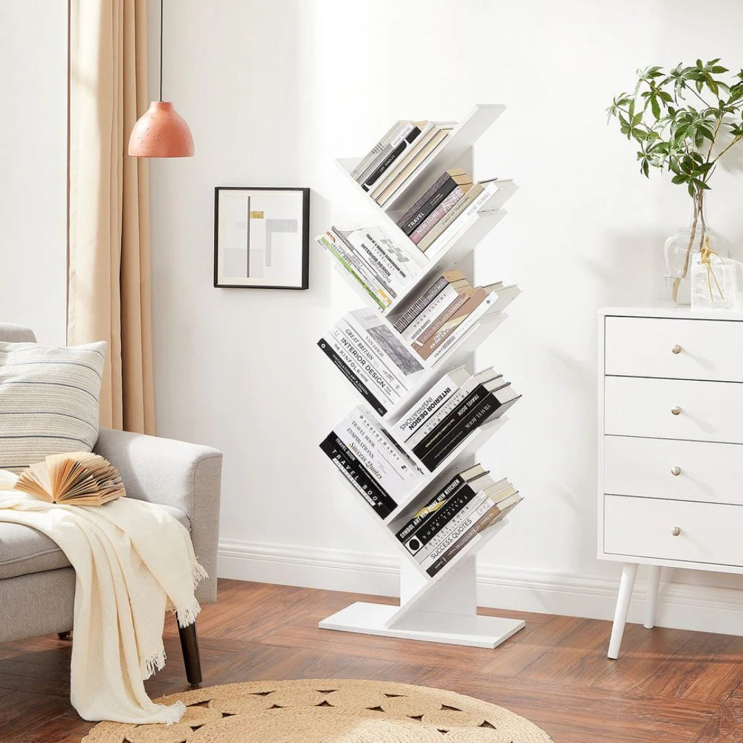 9 Tier Tree Bookshelf Space Saving Bookcase Storage Shelf