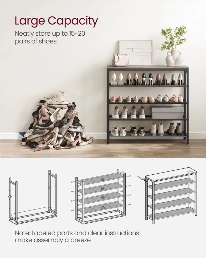 5 Tier Shoe Rack With Mesh Shelves & Storage Top Organizer