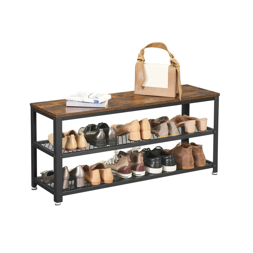 3 Tier Shoe Storage Bench With Metal Shelves, 39.4 Inch Unit