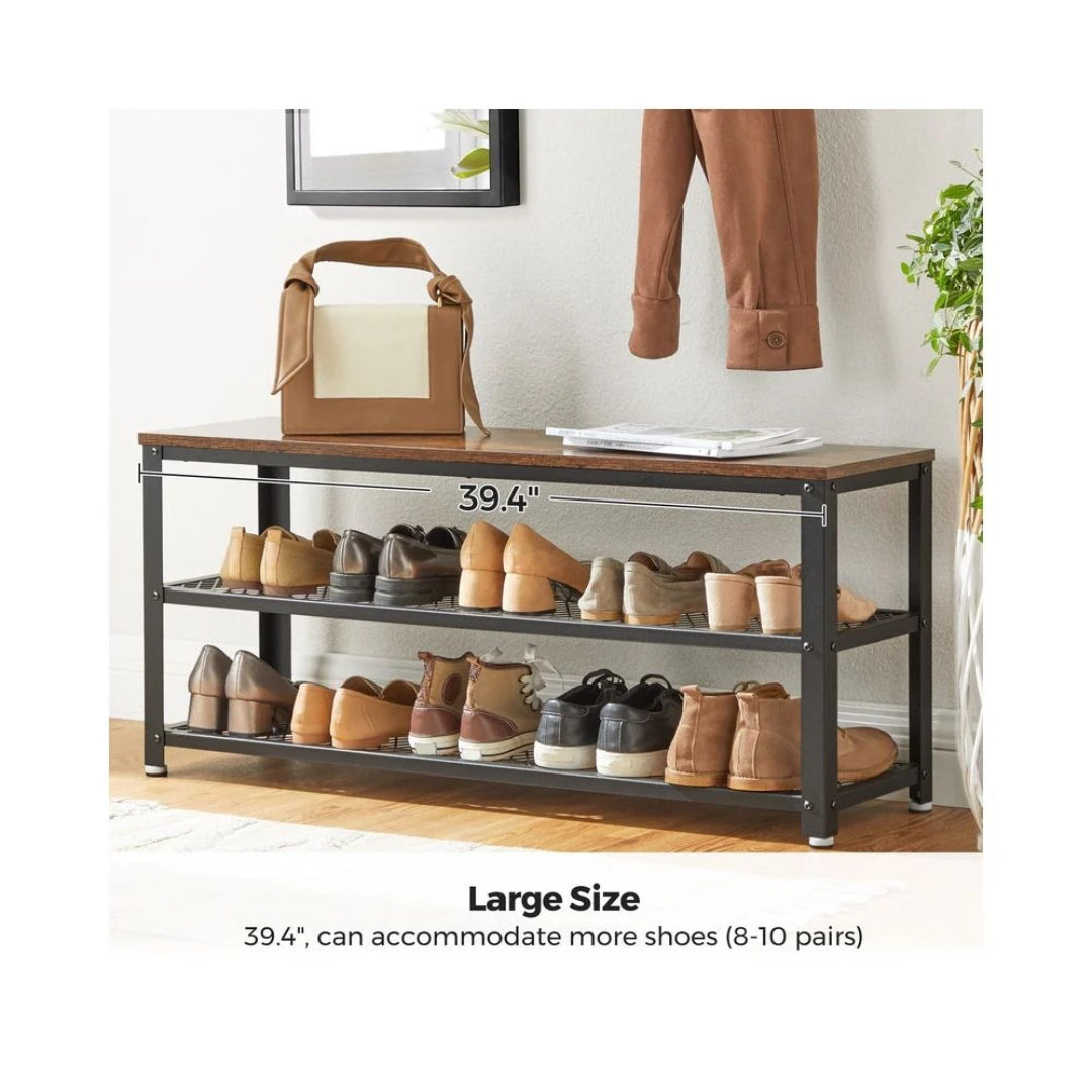 3 Tier Shoe Storage Bench With Metal Shelves, 39.4 Inch Unit
