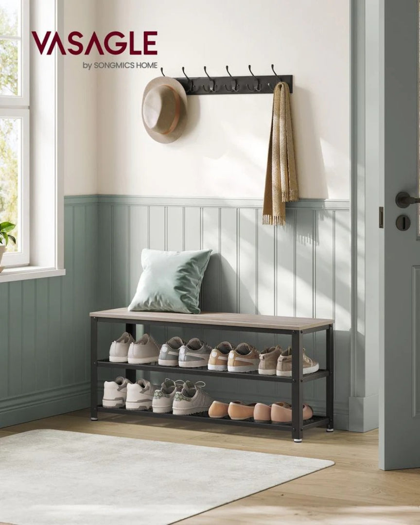 3 Tier Shoe Storage Bench With Metal Shelves, 39.4 Inch Unit
