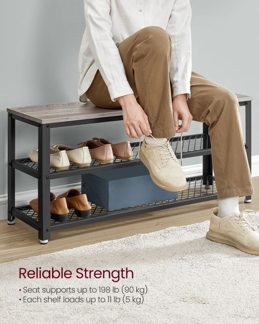 3 Tier Shoe Storage Bench With Metal Shelves, 39.4 Inch Unit