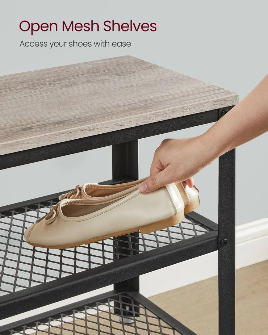 3 Tier Shoe Storage Bench With Metal Shelves, 39.4 Inch Unit