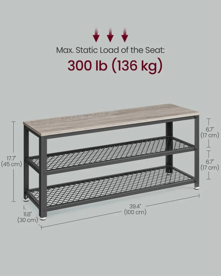 3 Tier Shoe Storage Bench With Metal Shelves, 39.4 Inch Unit