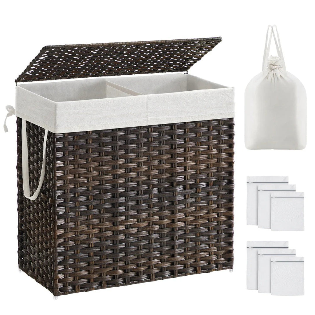 Laundry Hamper With Lid 34 Gallon 2 Section Rattan Basket
