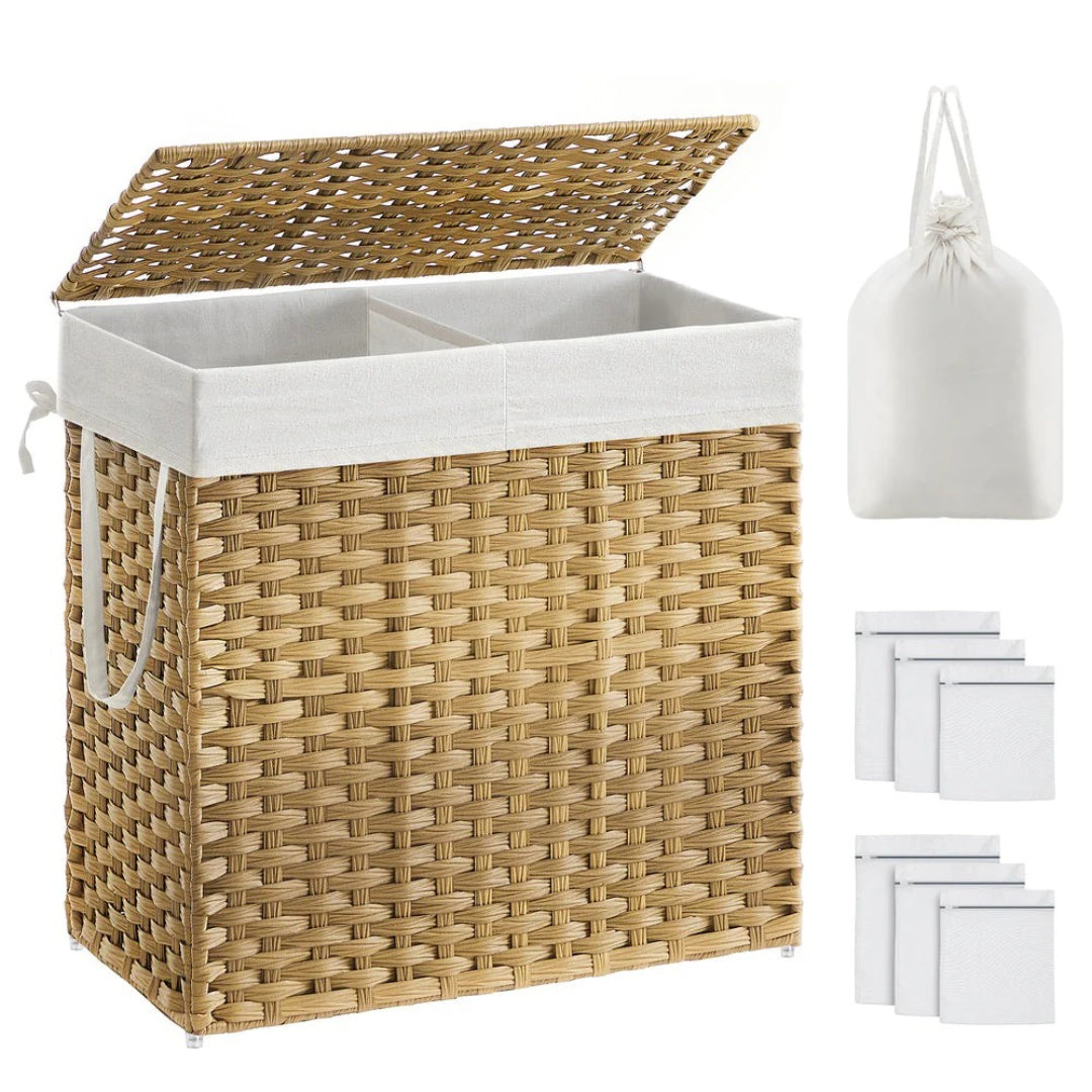 Laundry Hamper With Lid 34 Gallon 2 Section Rattan Basket
