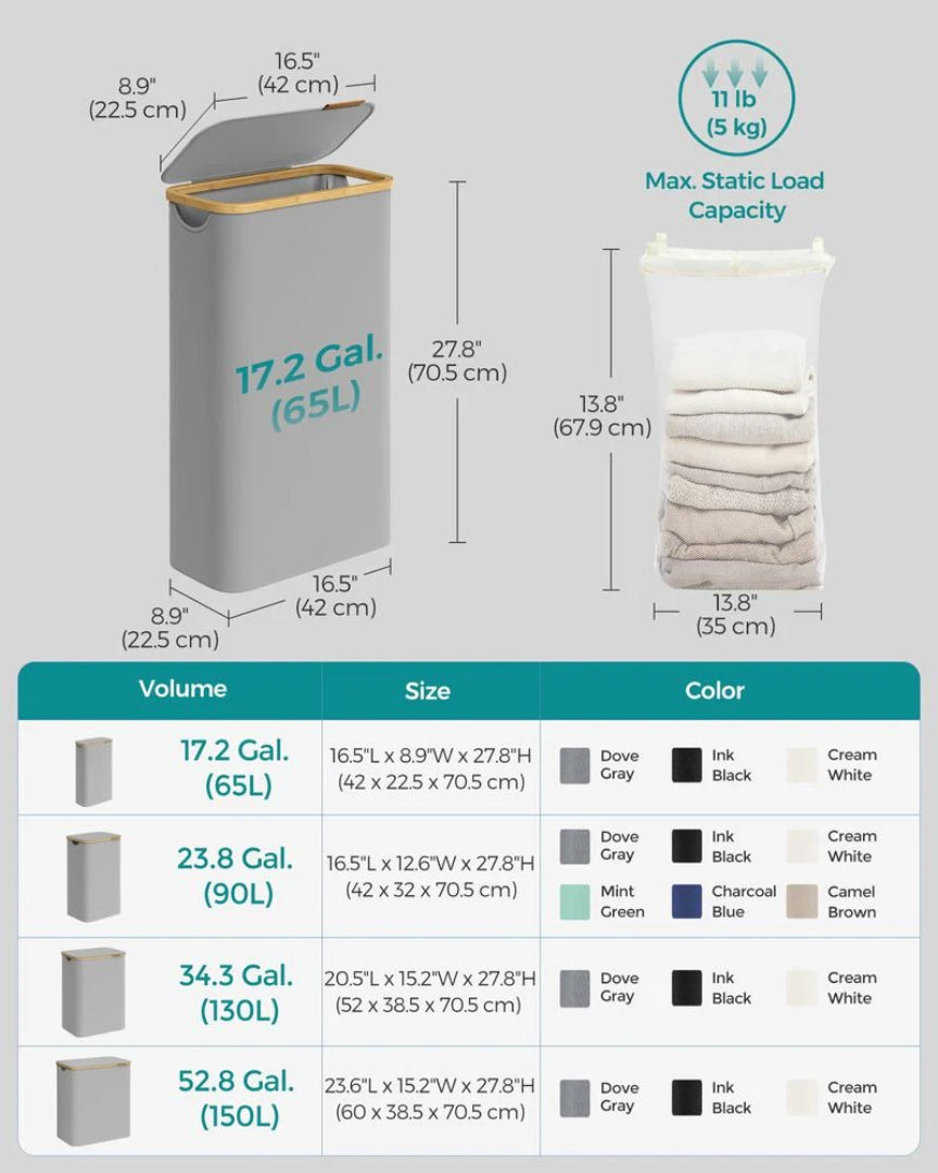 Slim Laundry Hamper With Lid 34.3 Gallon 2 Section Sorter
