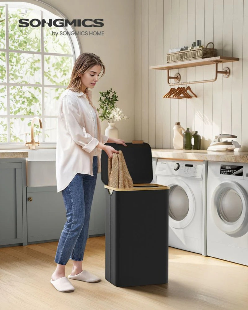 Slim Laundry Hamper With Lid 34.3 Gallon 2 Section Sorter