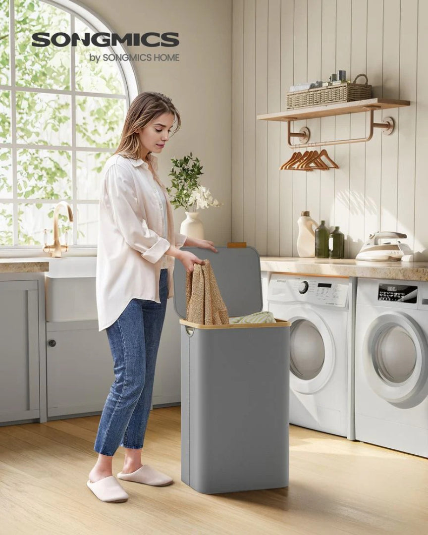 Slim Laundry Hamper With Lid 34.3 Gallon 2 Section Sorter