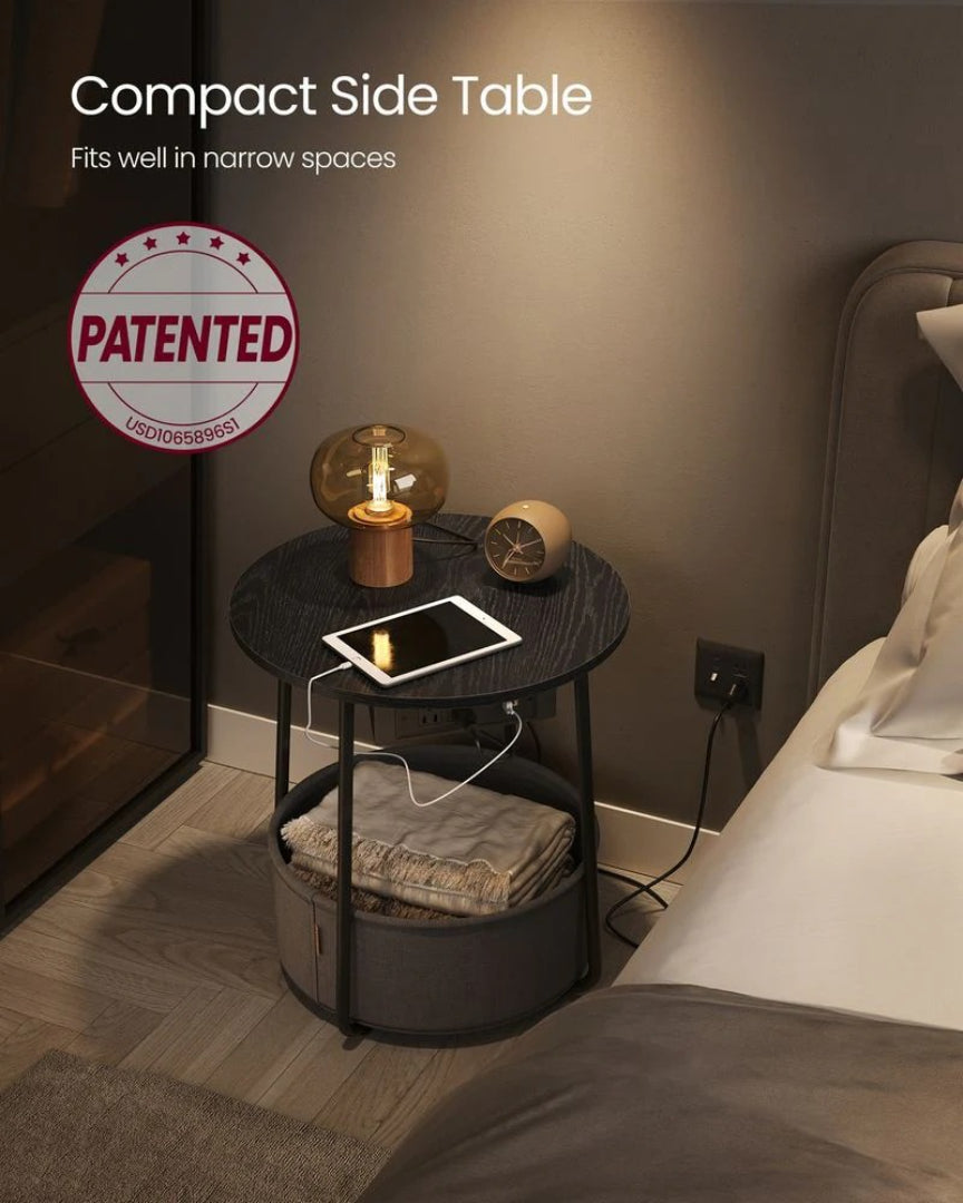 Round Side Table with Charging Station and Fabric Basket Storage