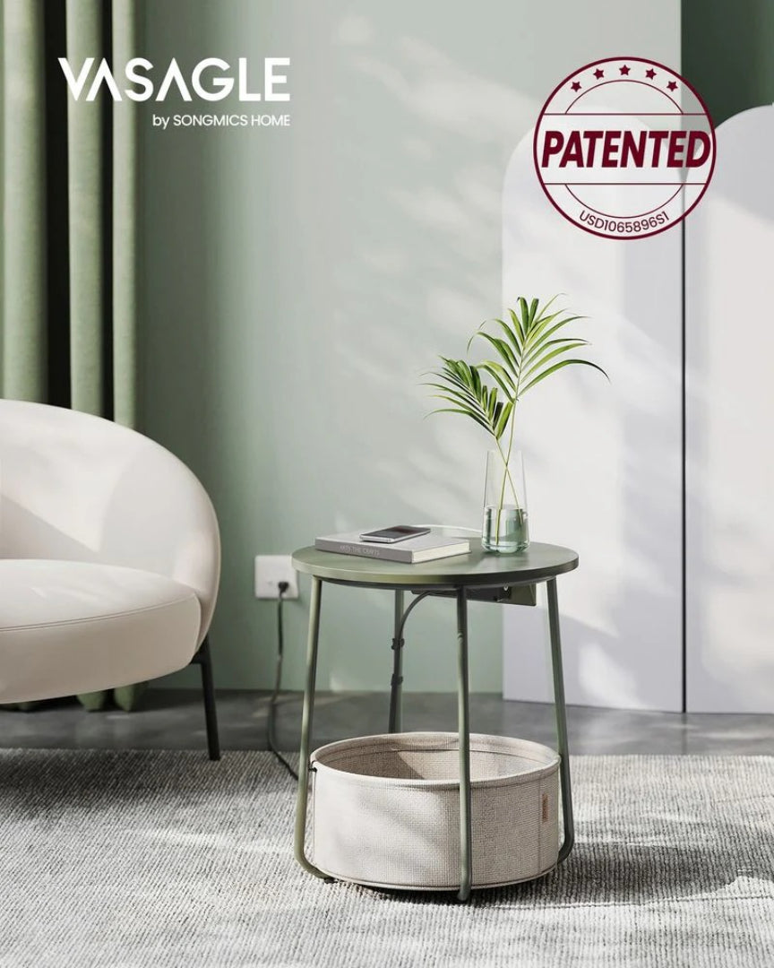 Round Side Table with Charging Station and Fabric Basket Storage