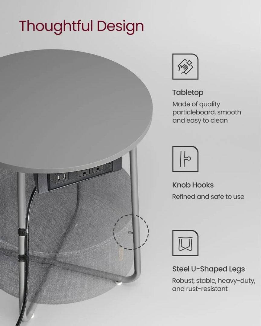 Round Side Table with Charging Station and Fabric Basket Storage