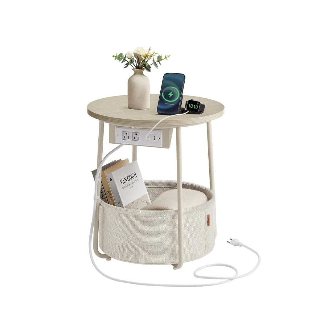 Round Side Table with Charging Station and Fabric Basket Storage