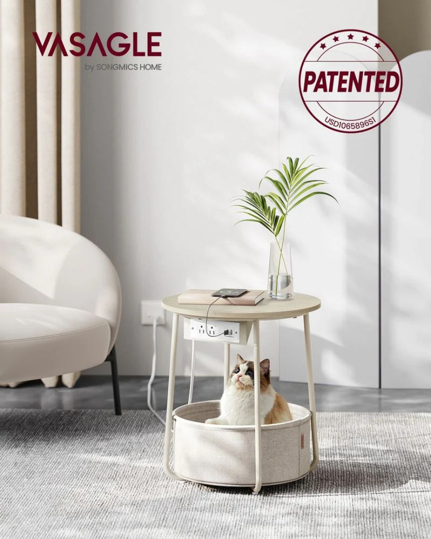 Round Side Table with Charging Station and Fabric Basket Storage