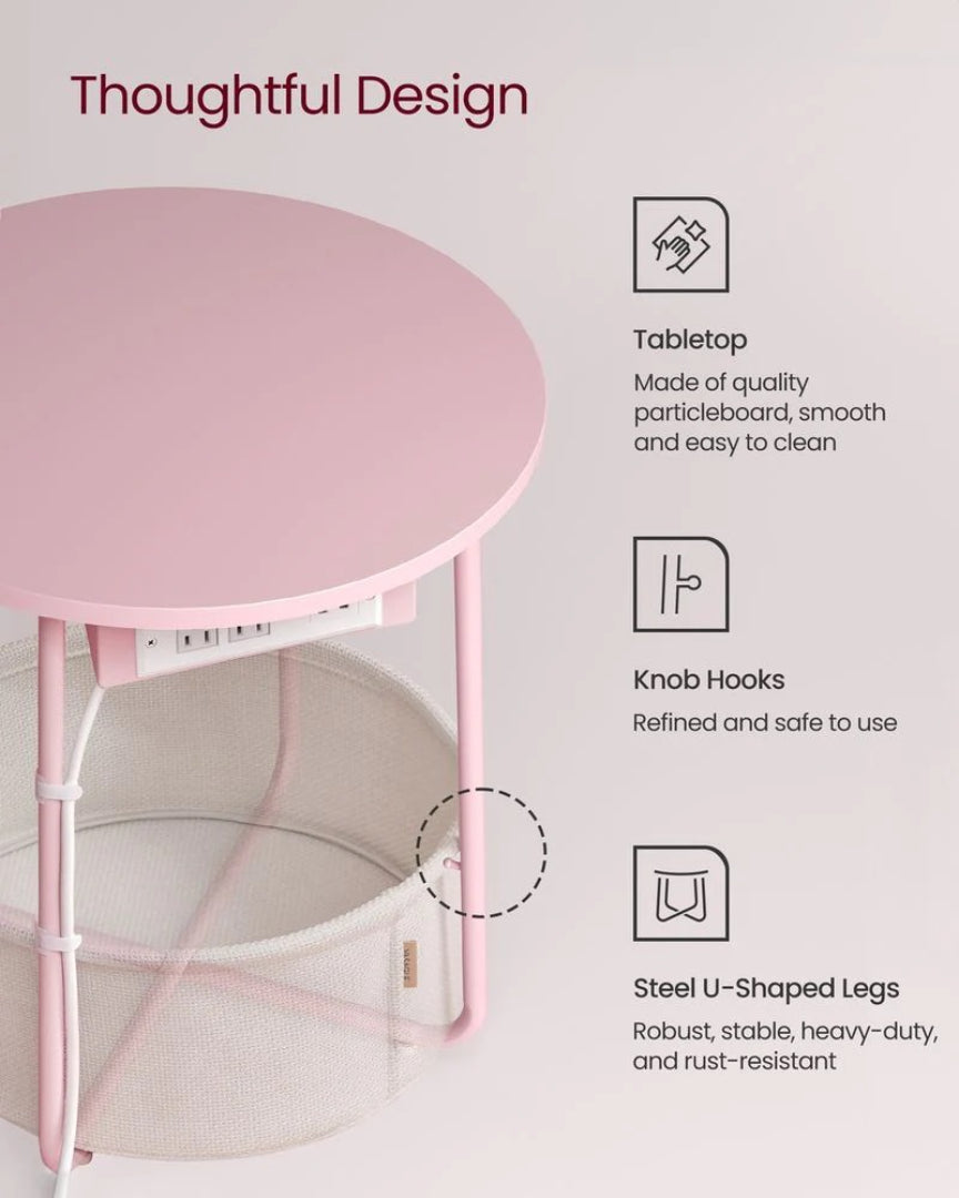 Round Side Table with Charging Station and Fabric Basket Storage