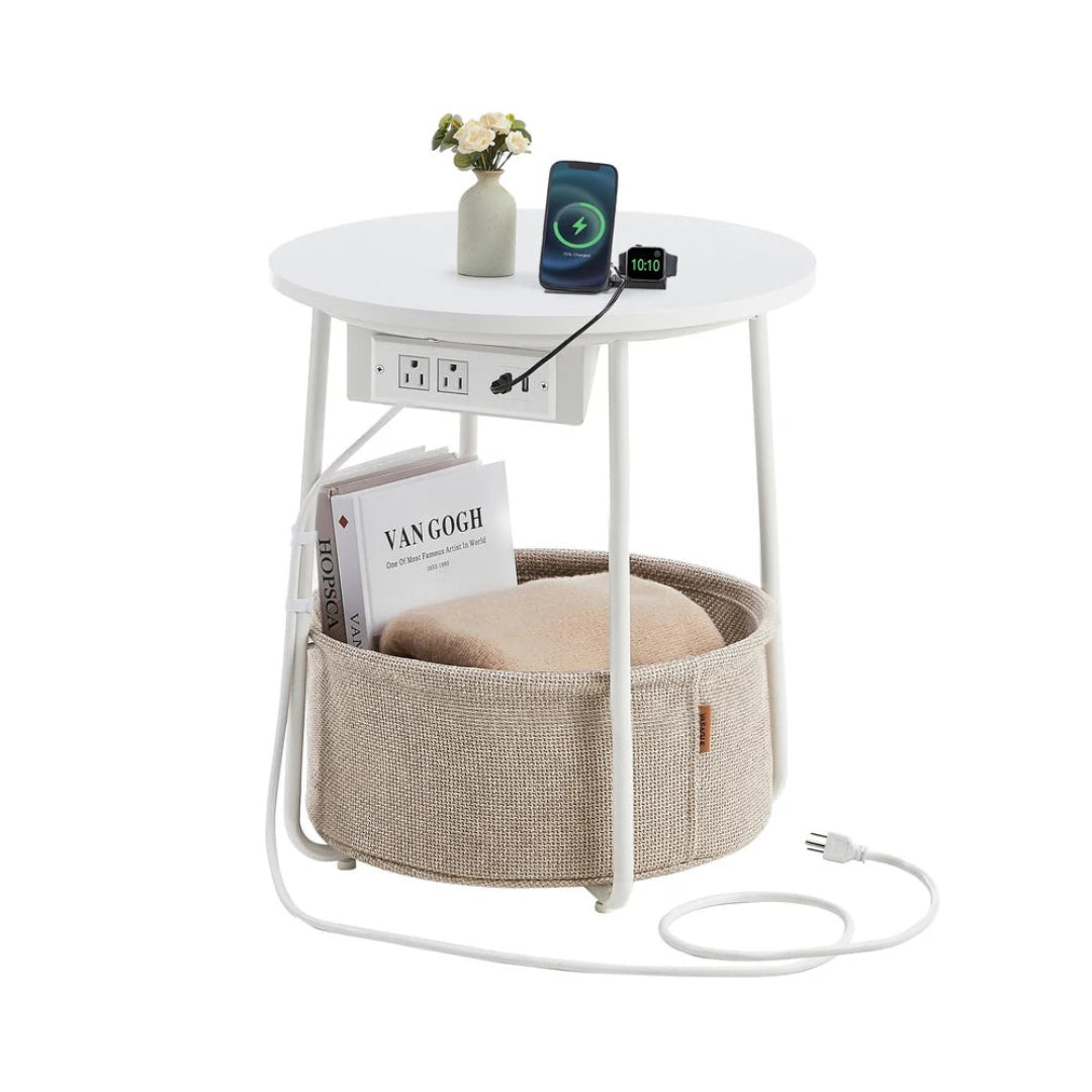 Round Side Table with Charging Station and Fabric Basket Storage