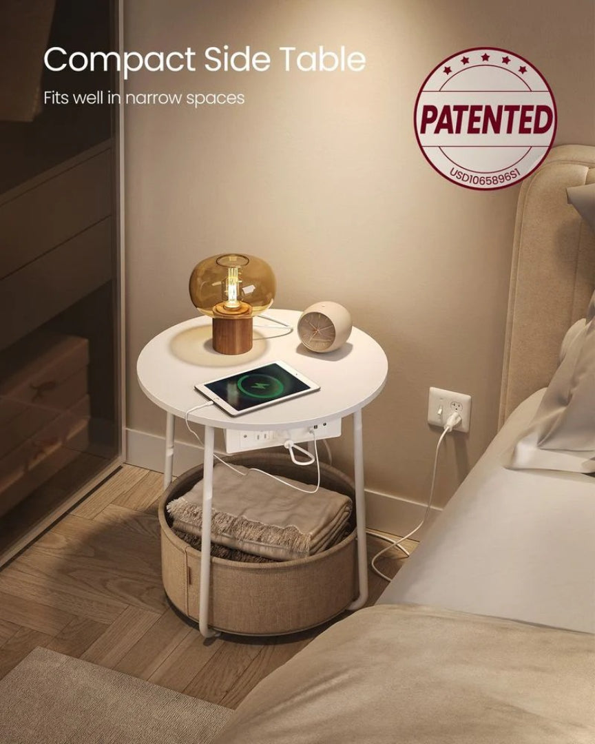 Round Side Table with Charging Station and Fabric Basket Storage