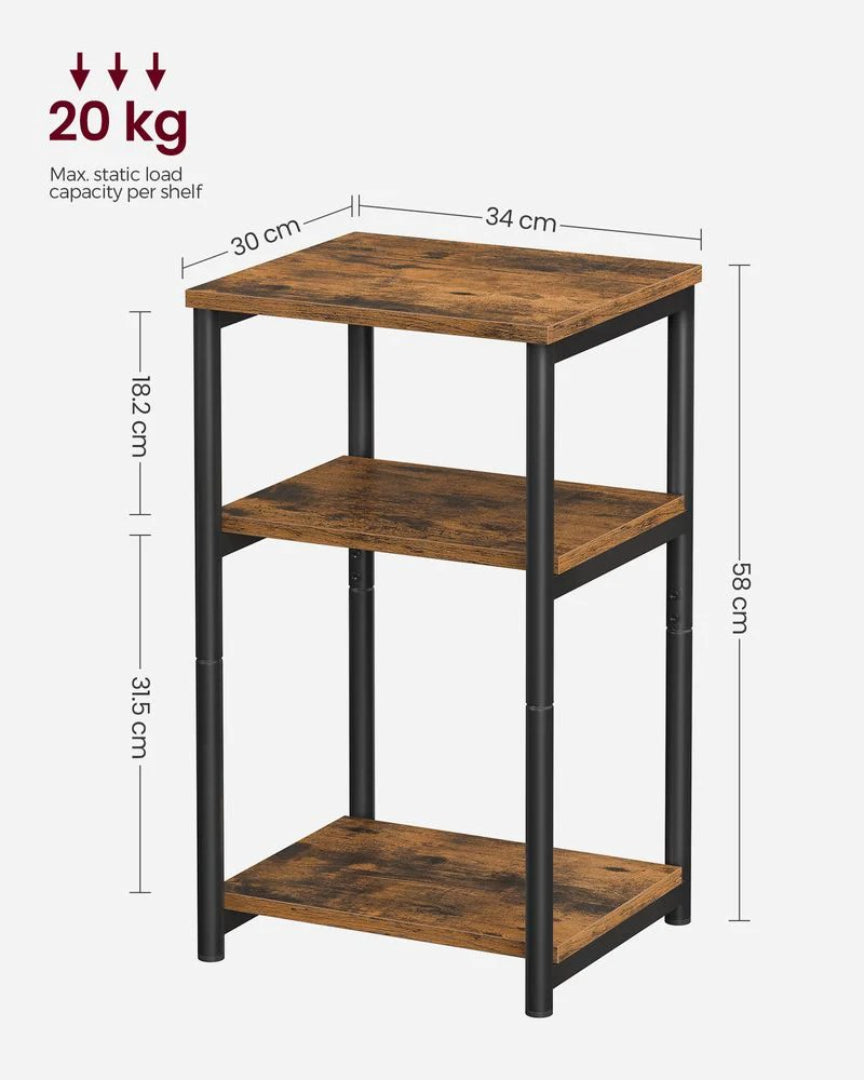 Small 3-Tier End Table with Open Storage, Industrial Side Table