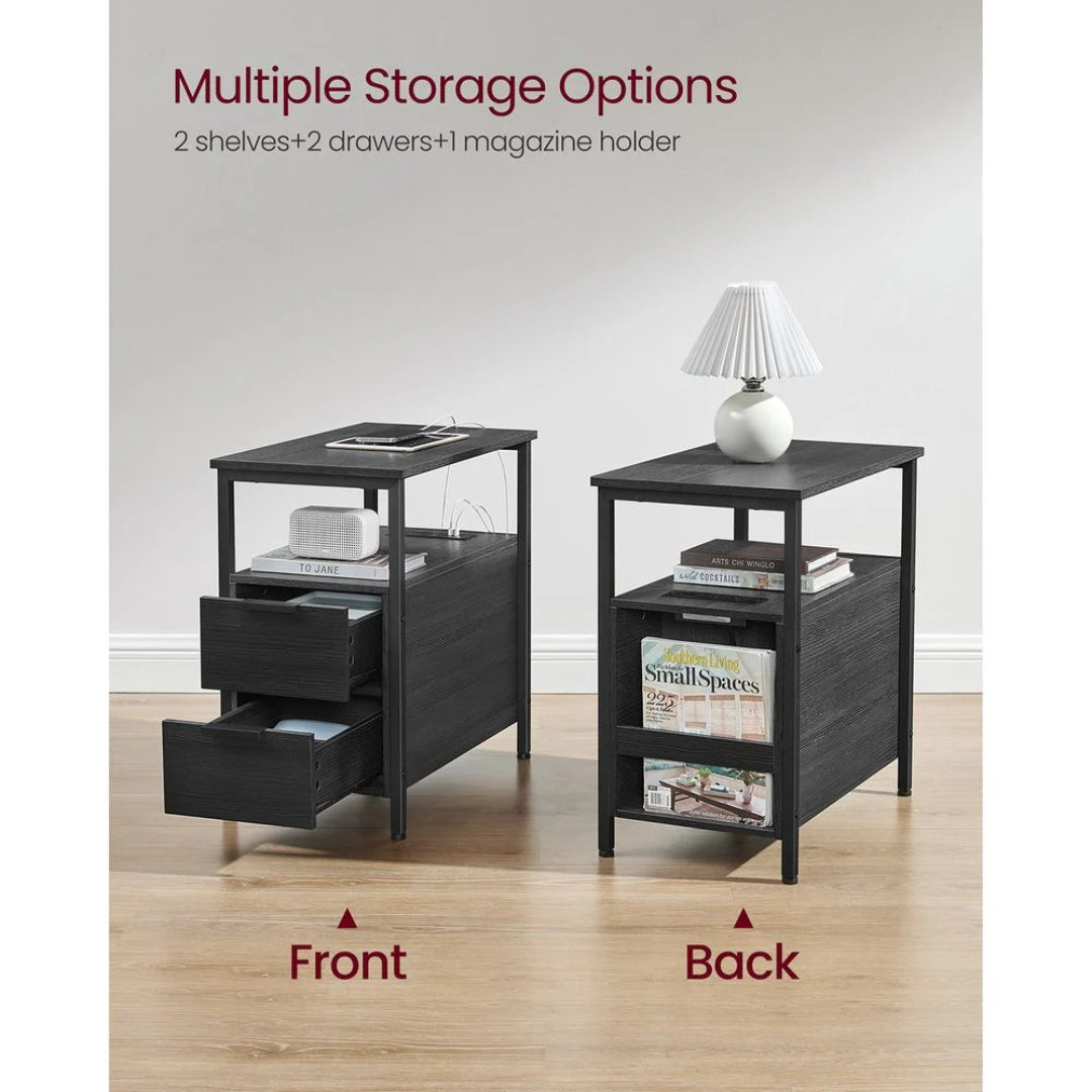 Narrow End Table With Charging Station And 2 Drawers
