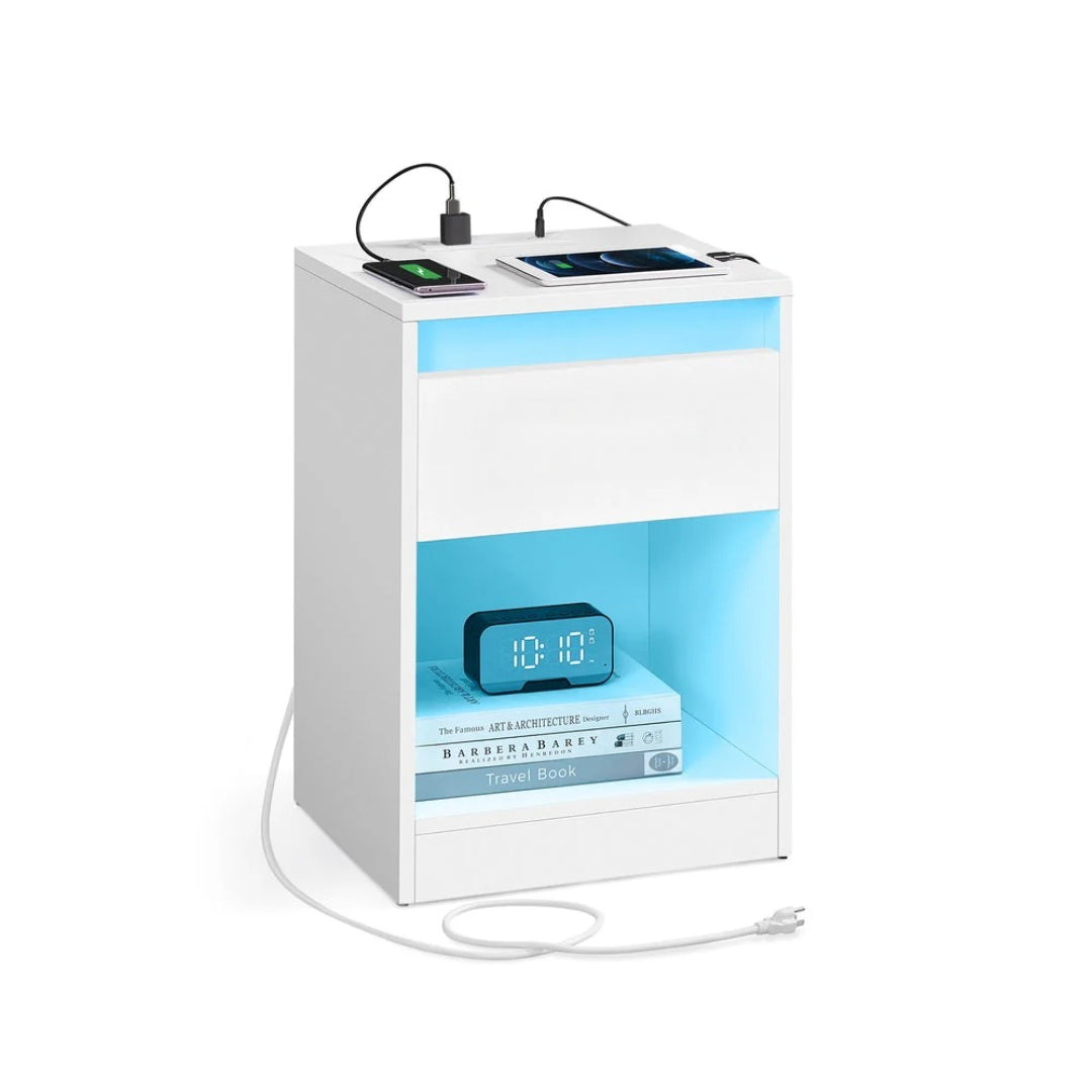 Nightstand With Charging Station And LED Lights Drawer