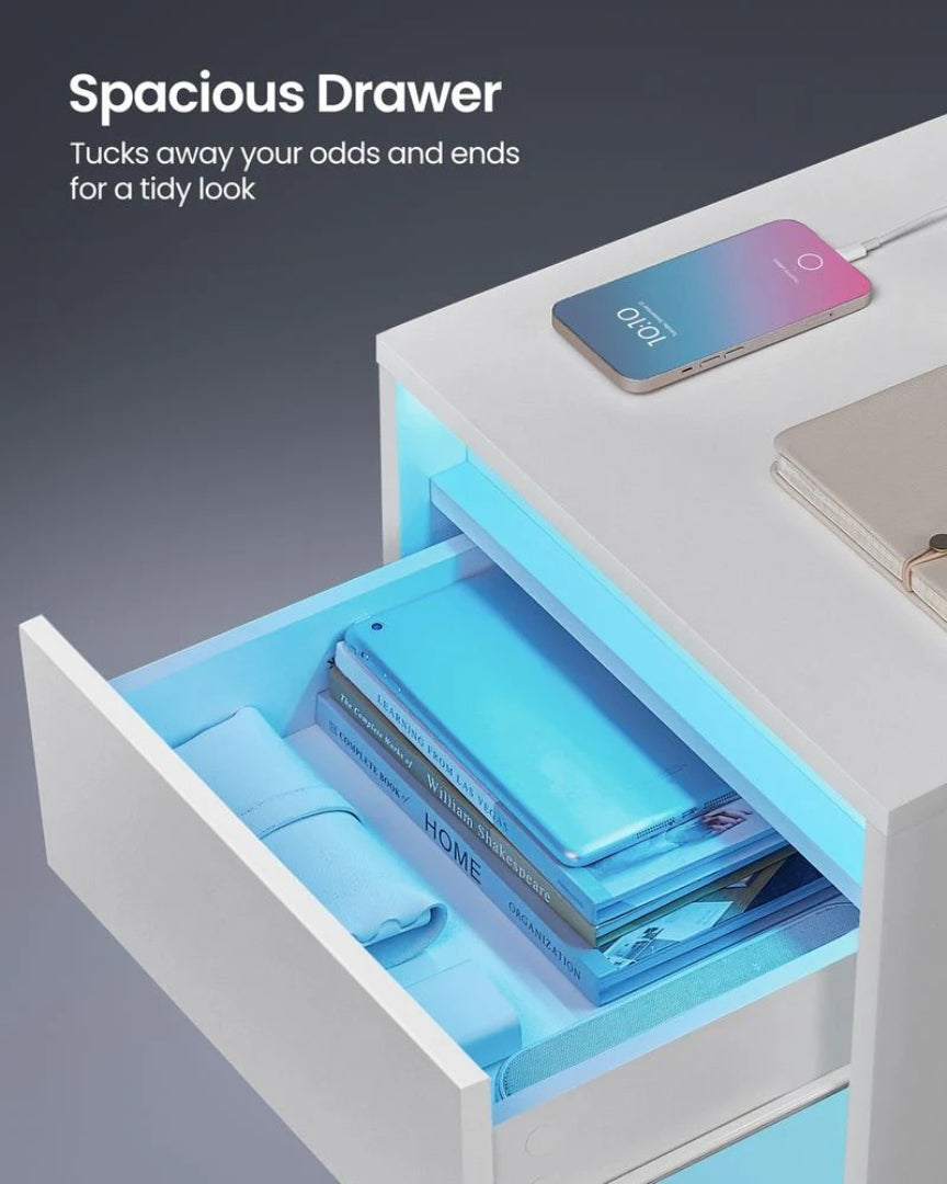 Nightstand With Charging Station And LED Lights Drawer