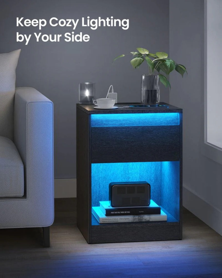 Nightstand With Charging Station And LED Lights Drawer