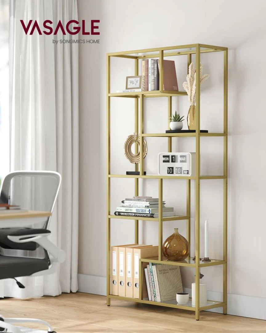 6 Tier Tall Bookshelf With Tempered Glass Shelves