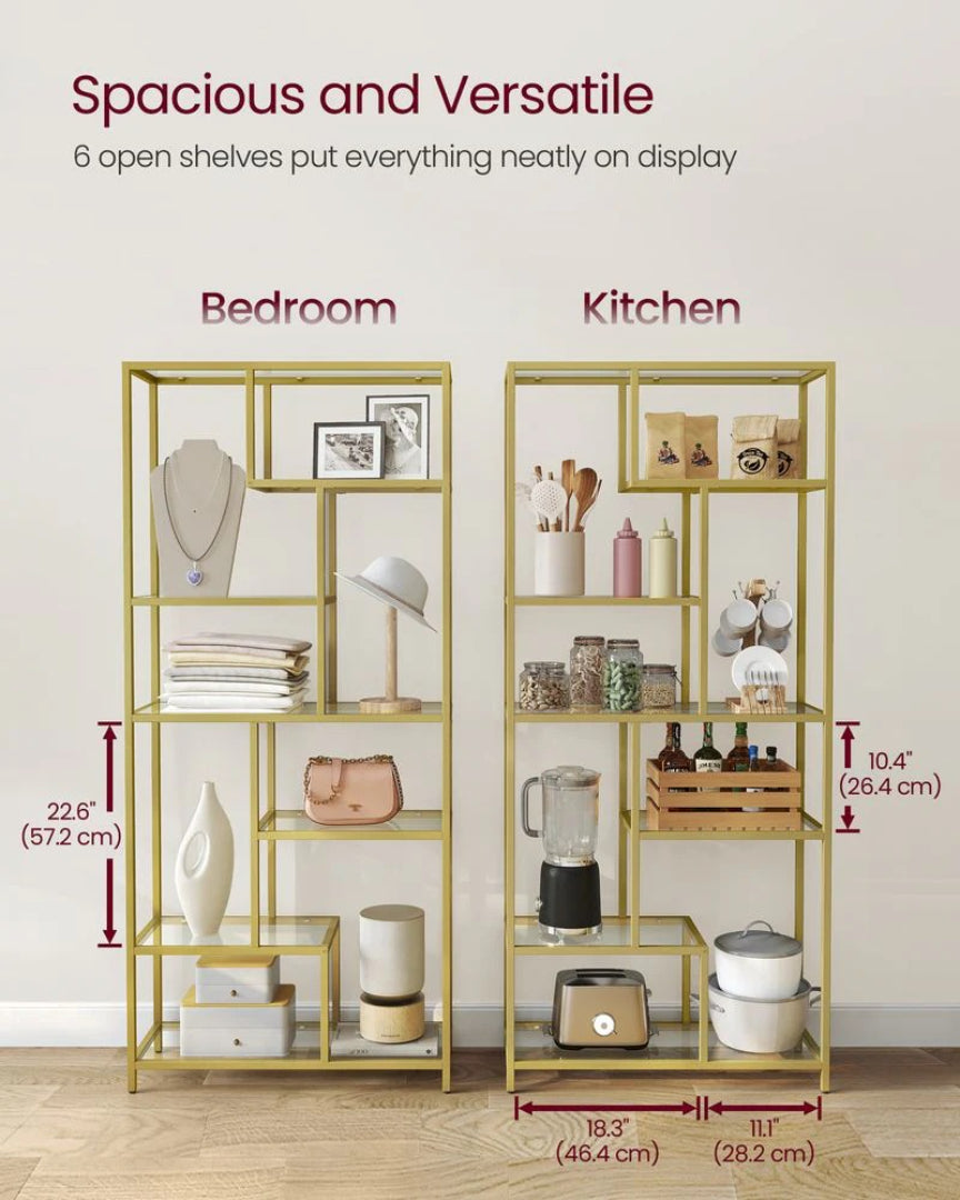 6 Tier Tall Bookshelf With Tempered Glass Shelves