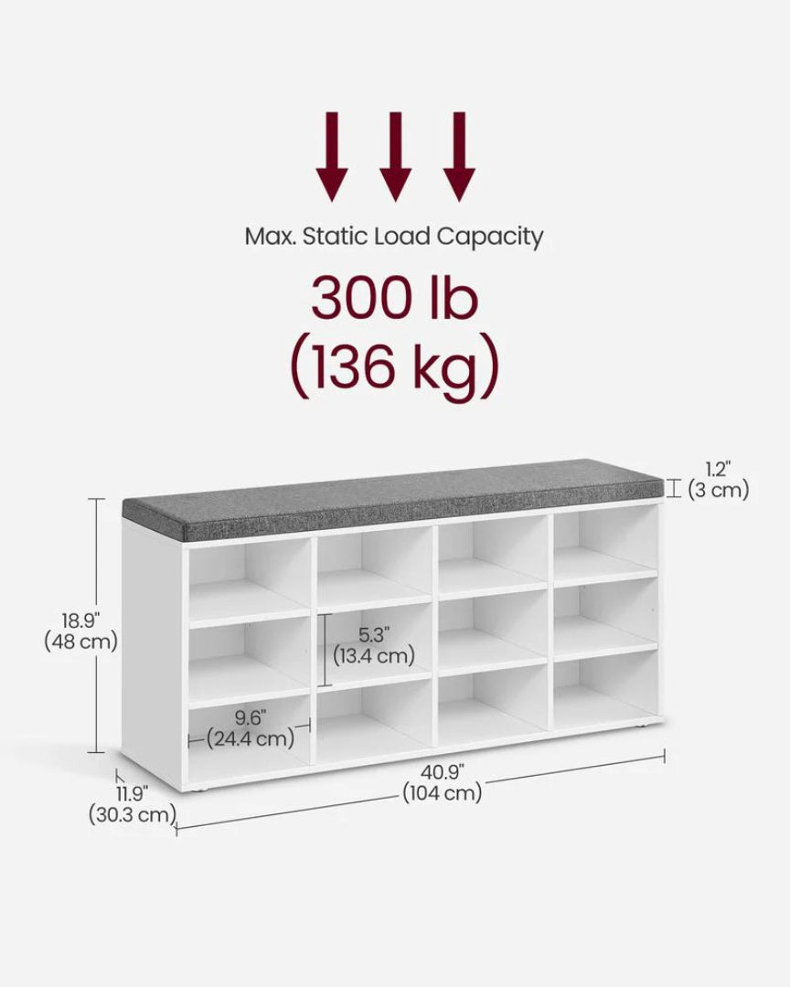 Shoe Storage Bench With Cushion, 9/10/12 Compartments Organizer