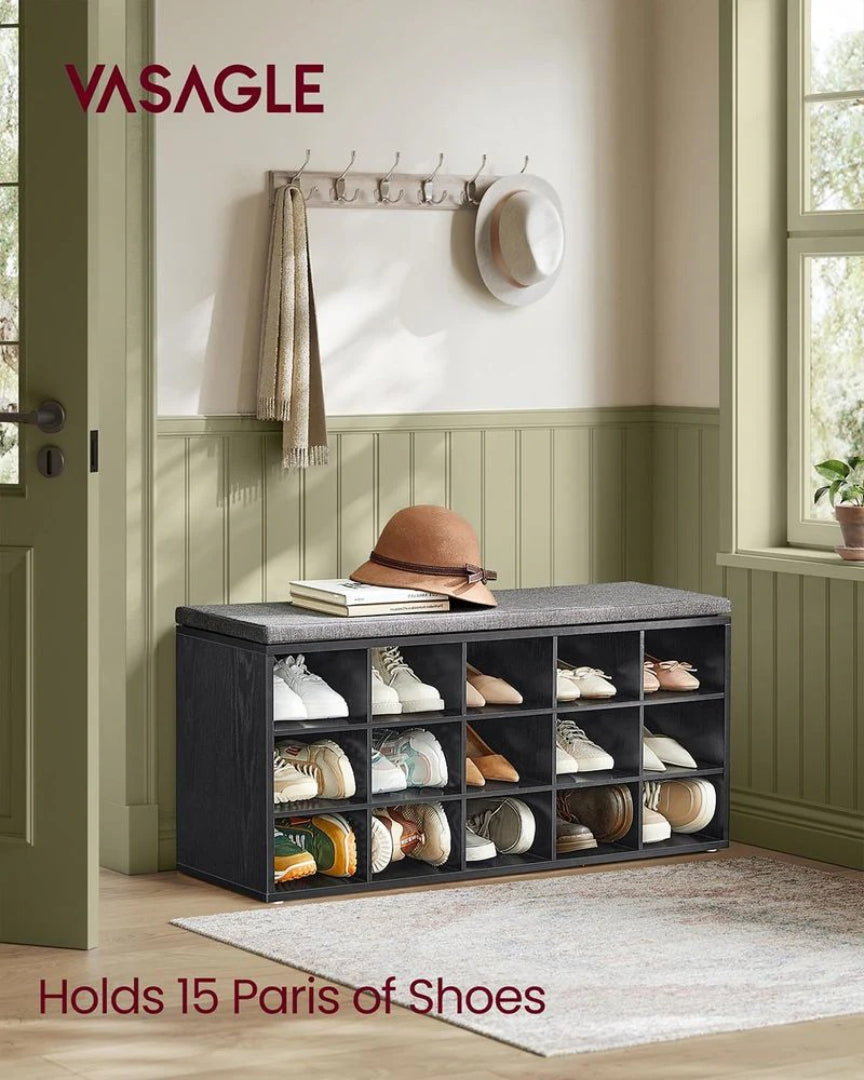 Shoe Storage Bench With Cushion, 15 Compartments Organizer