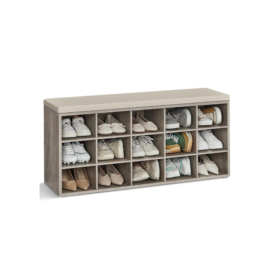 Shoe Storage Bench With Cushion, 15 Compartments Organizer