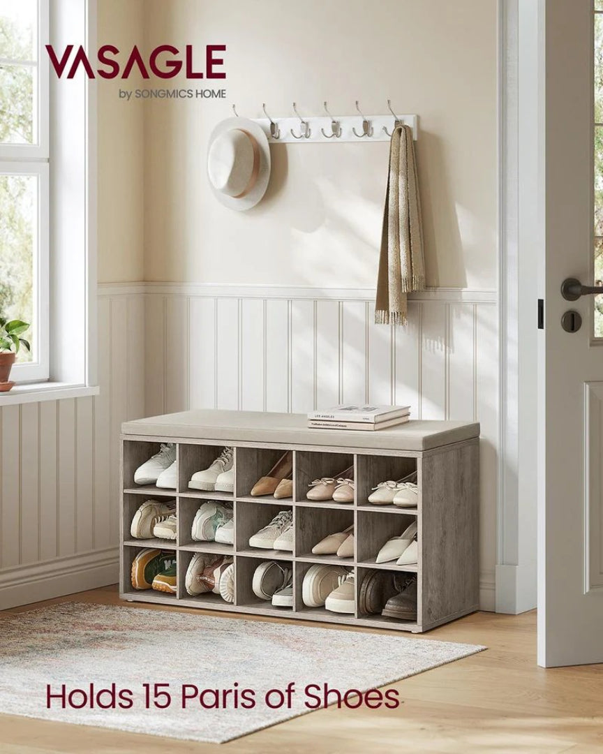 Shoe Storage Bench With Cushion, 15 Compartments Organizer