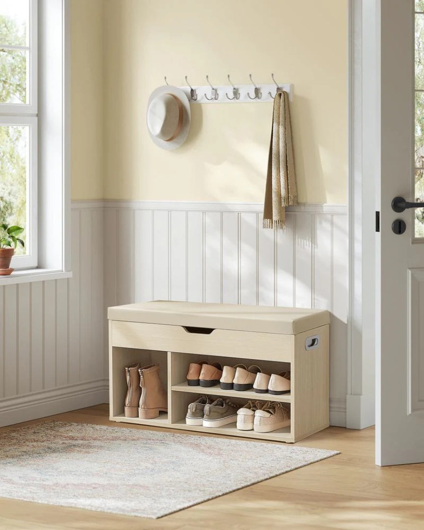 Shoe Storage Bench With Cushion, Drawers & Shelves, 31.5 Inch