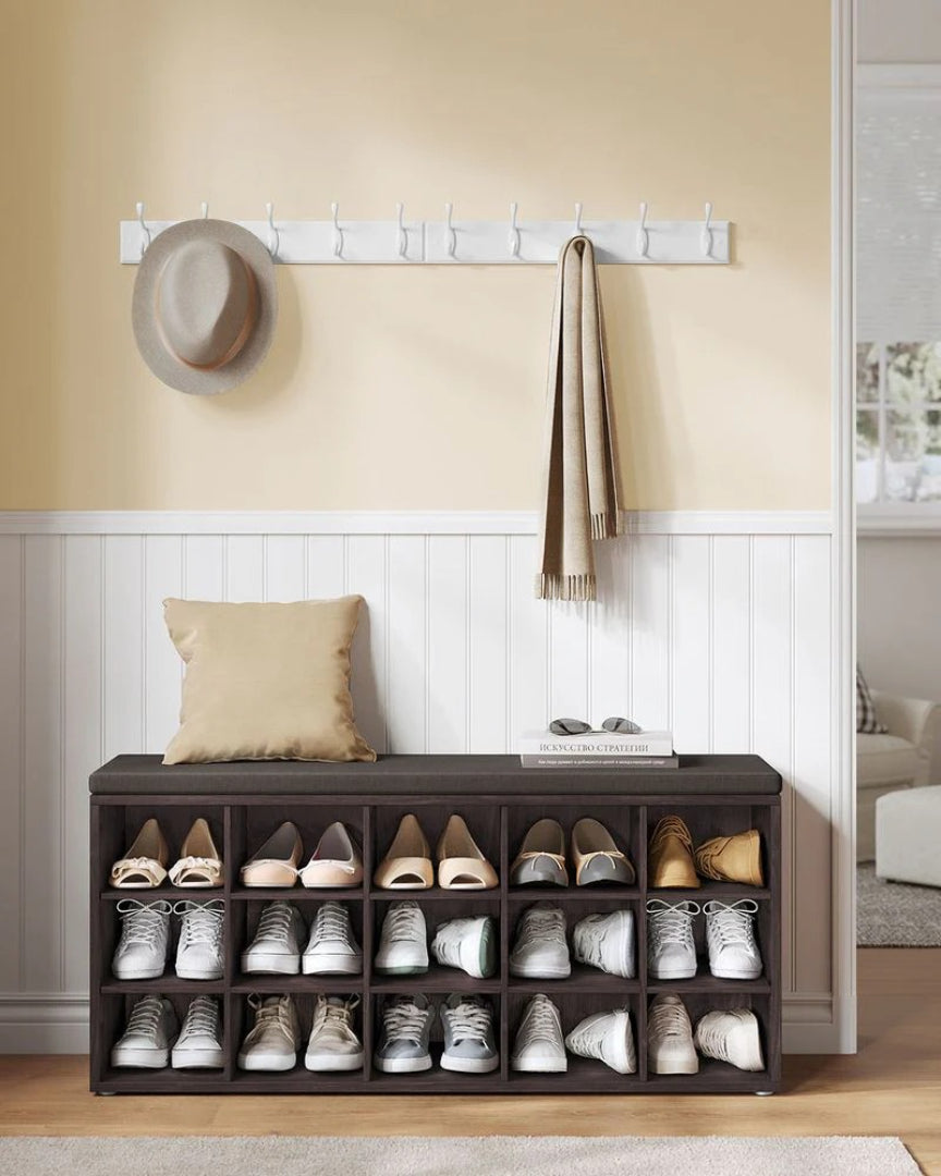 Shoe Storage Bench With Cushion, 15 Compartments Organizer