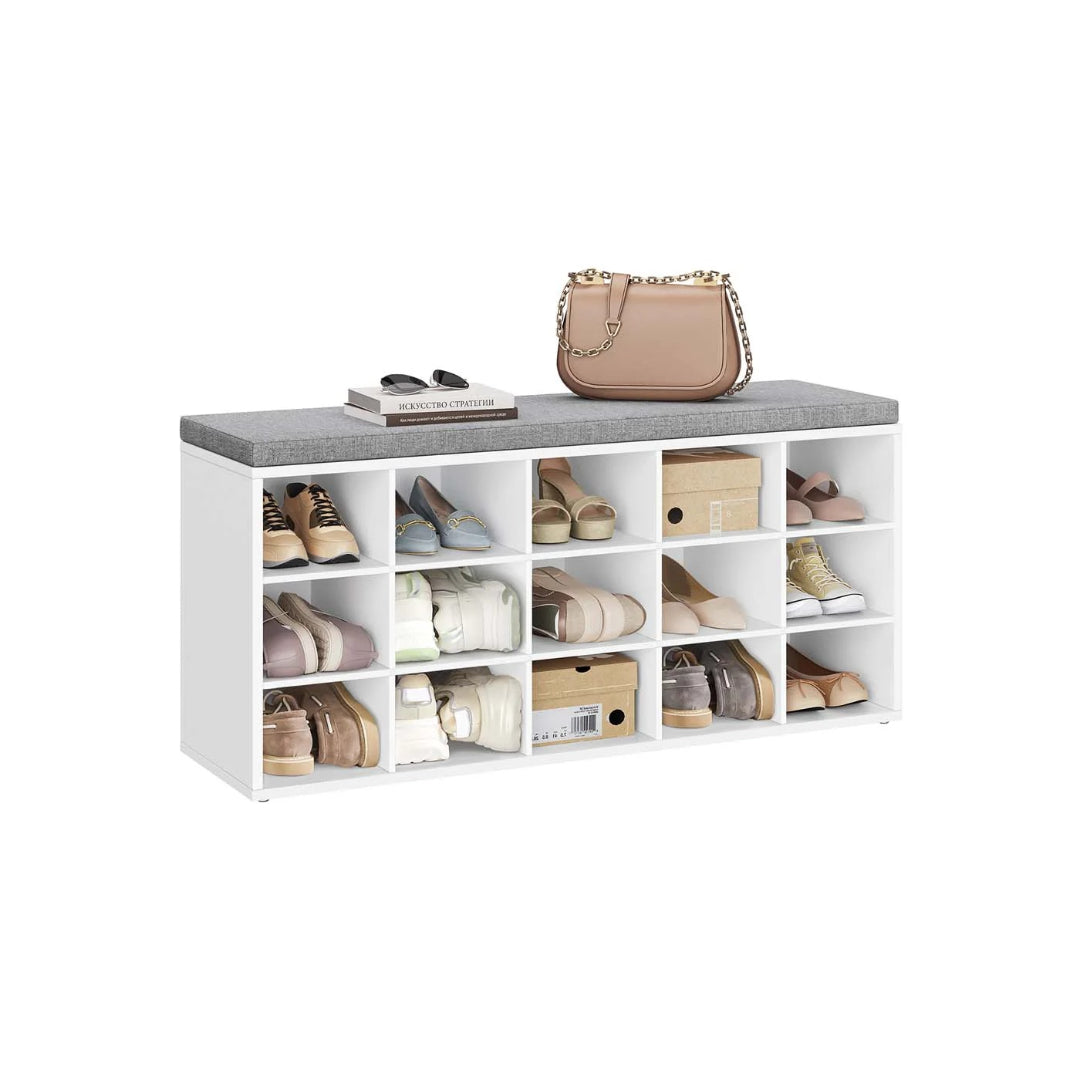 Shoe Storage Bench With Cushion, 15 Compartments Organizer