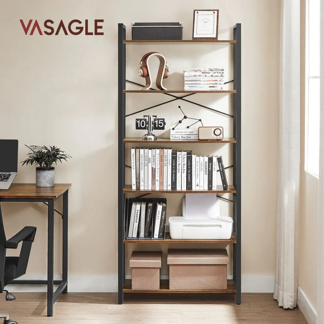 6 Tier Industrial Bookshelf With Steel Frame, 26/31.5 Inch Unit