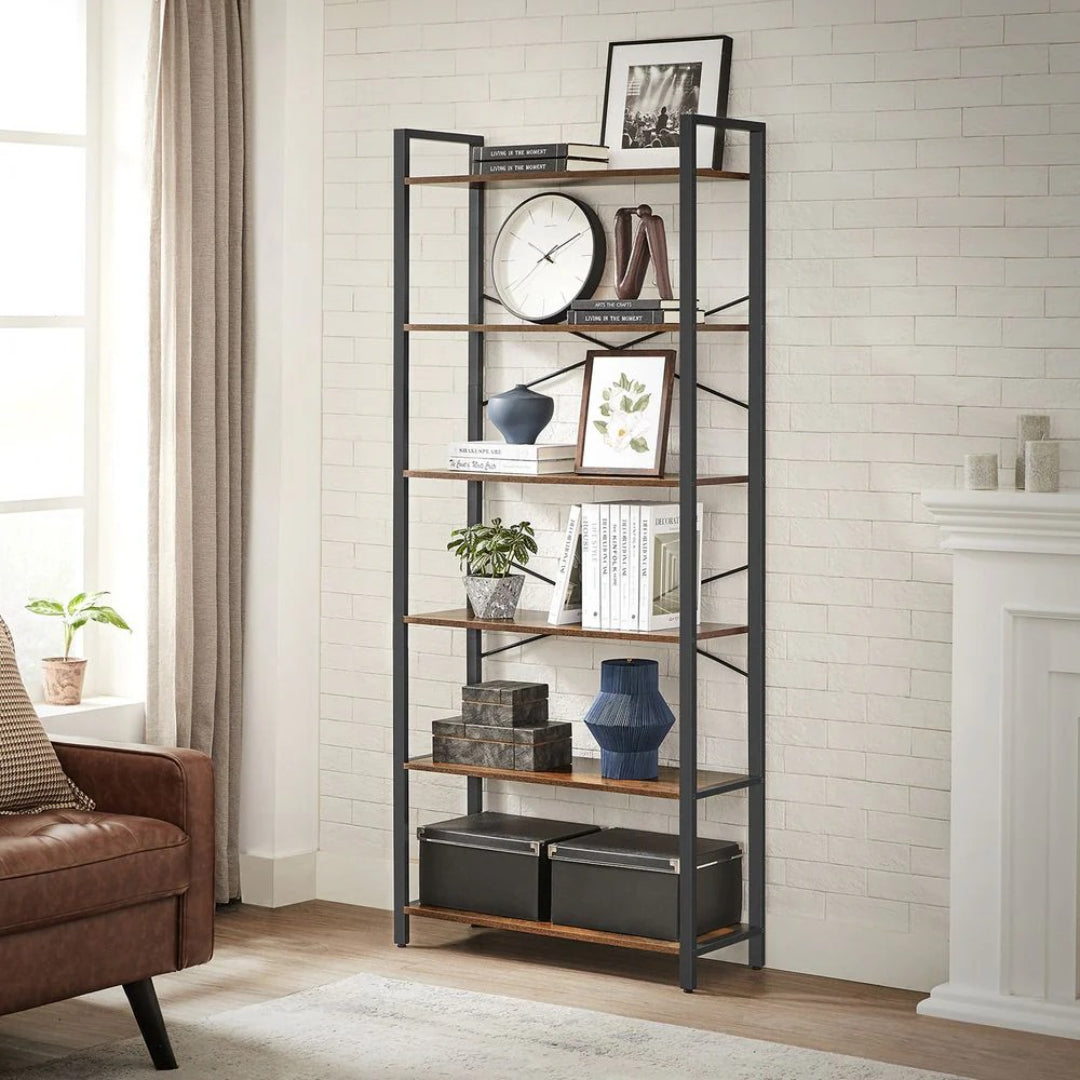 6 Tier Industrial Bookshelf With Steel Frame, 26/31.5 Inch Unit