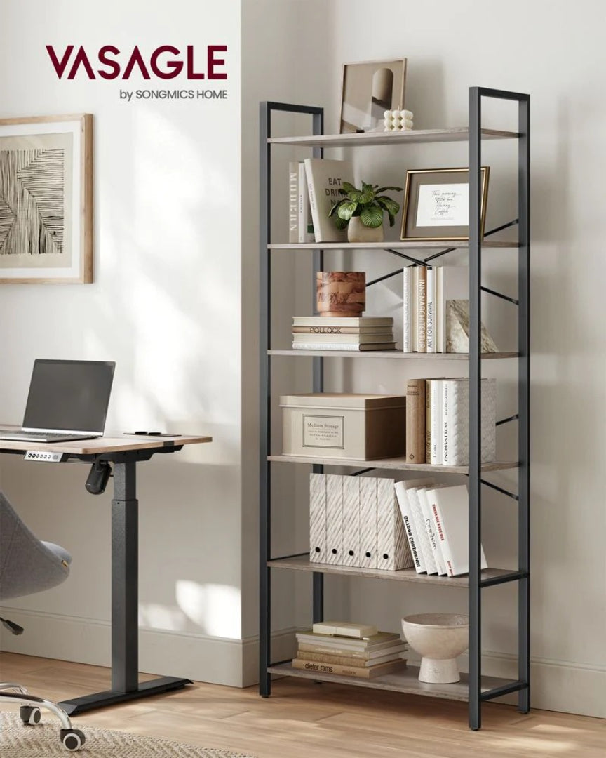 6 Tier Industrial Bookshelf With Steel Frame, 26/31.5 Inch Unit