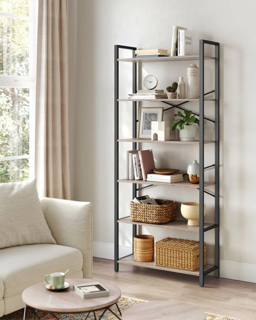 6 Tier Industrial Bookshelf With Steel Frame, 26/31.5 Inch Unit